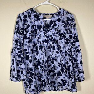 Loft Women's Navy & Blue Wide 3/4 Sleeve Floral Semi-Sheer Top MP!